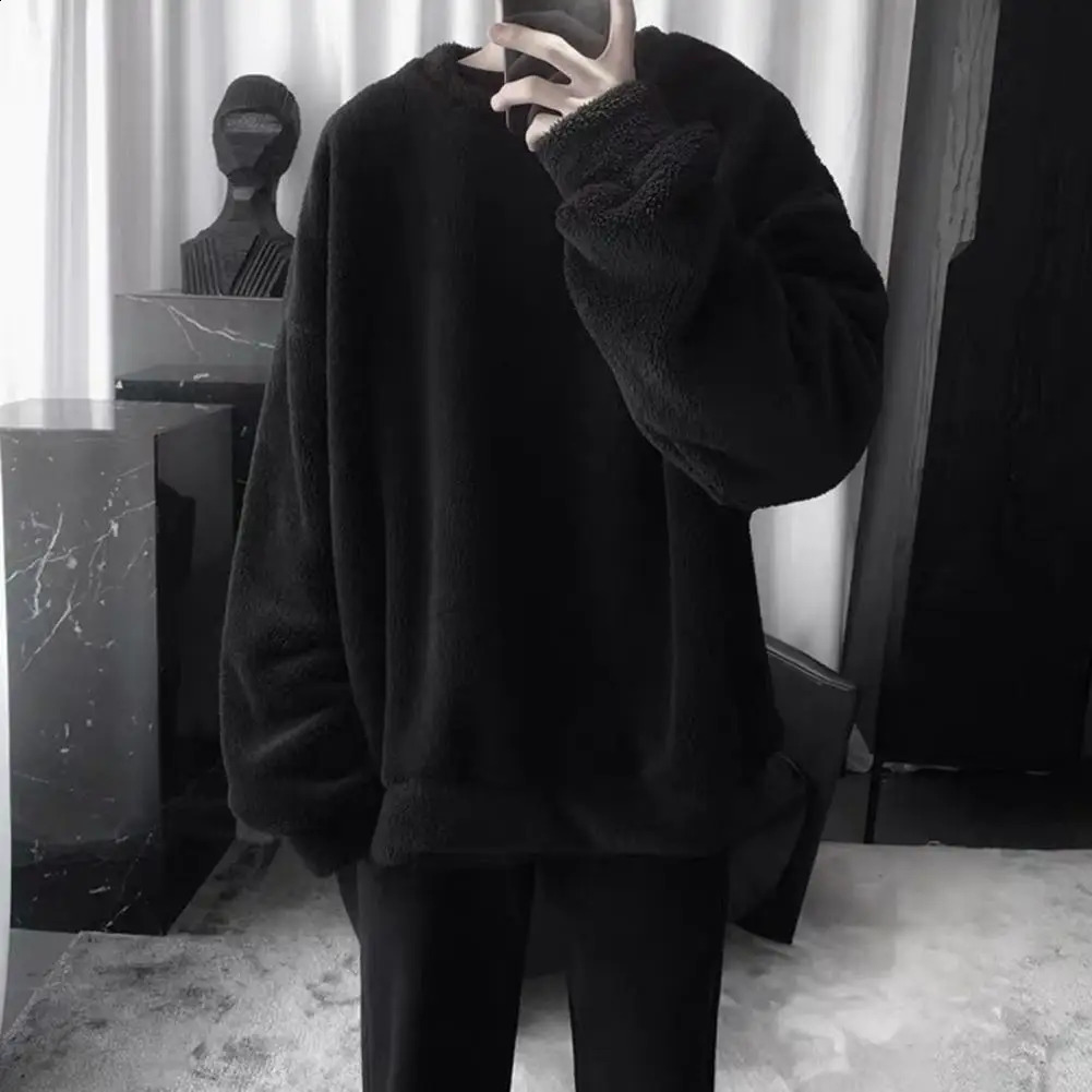 Lamb Wool Fleece Men Sweatshirt O Neck Loose Cozy Winter Pullovers Push Lining Fluffy Winter Sweatshirt Crew Neck Loose Hoodie 241230