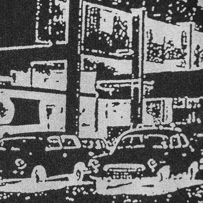 Molchat Doma Etazhi, member of the dark wave band, is a cotton washed long short sleeved T-shirt