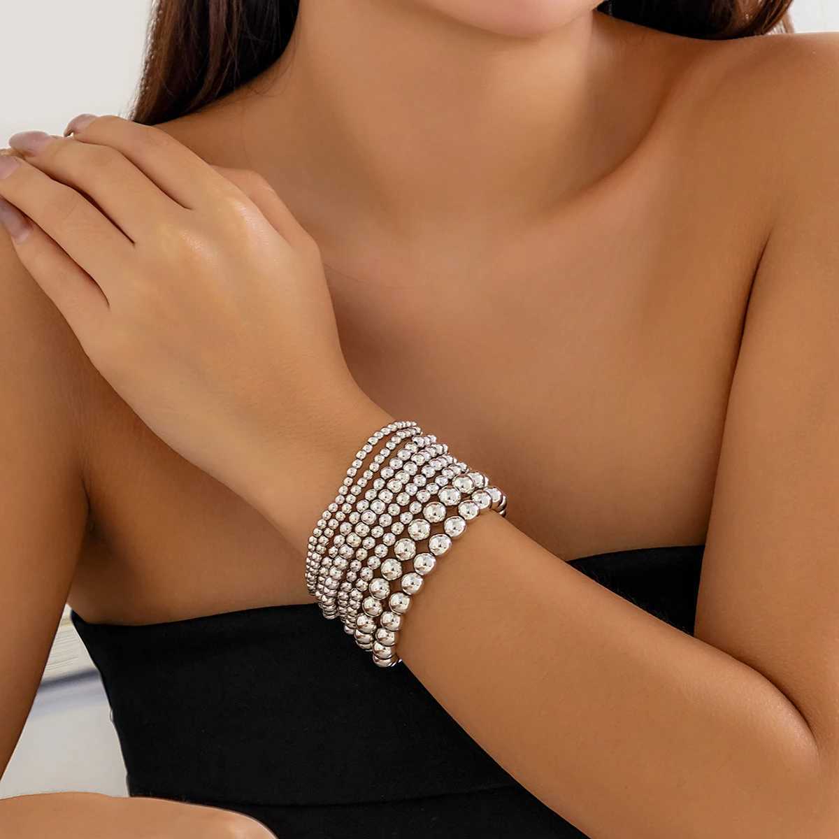 KunJoe 8pcs/Set Punk Handmade Ball Bead Bracelet Mens Retro Silver Bracelet Party Fashion Jewelry Gift W241231