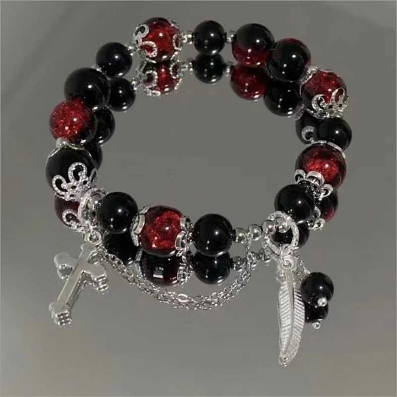 Chinese style red crystal feather cross pendant bracelet womens retro elastic bead chain bracelet jewelry gift W241231