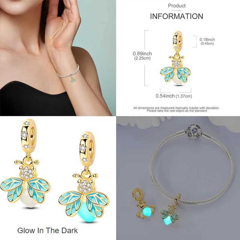 New Charm Beads 925 Pure Silver Glowing Gold Firefly Colorful Koi Fish Pendant Suitable for Original Bracelet DIY Womens Jewelry W241231