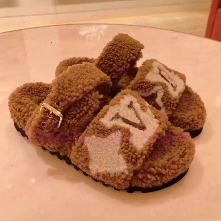 Luxury Fur Slippers Designer Casual Slide Womens Ladies Winter Warm Wool Sandals Fashion Female Comfort Home Sandalen Slipper Indoor Flat Platform House