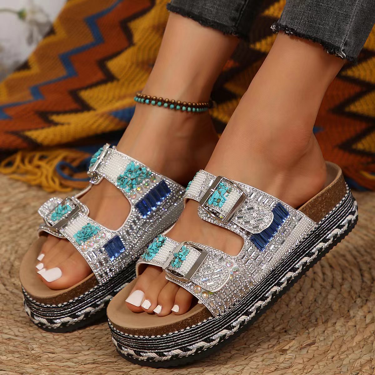 2025 summer new retro fashion thick NEW sole double buckle dia-like slippers for women every beach big size 36-43 women's shoes