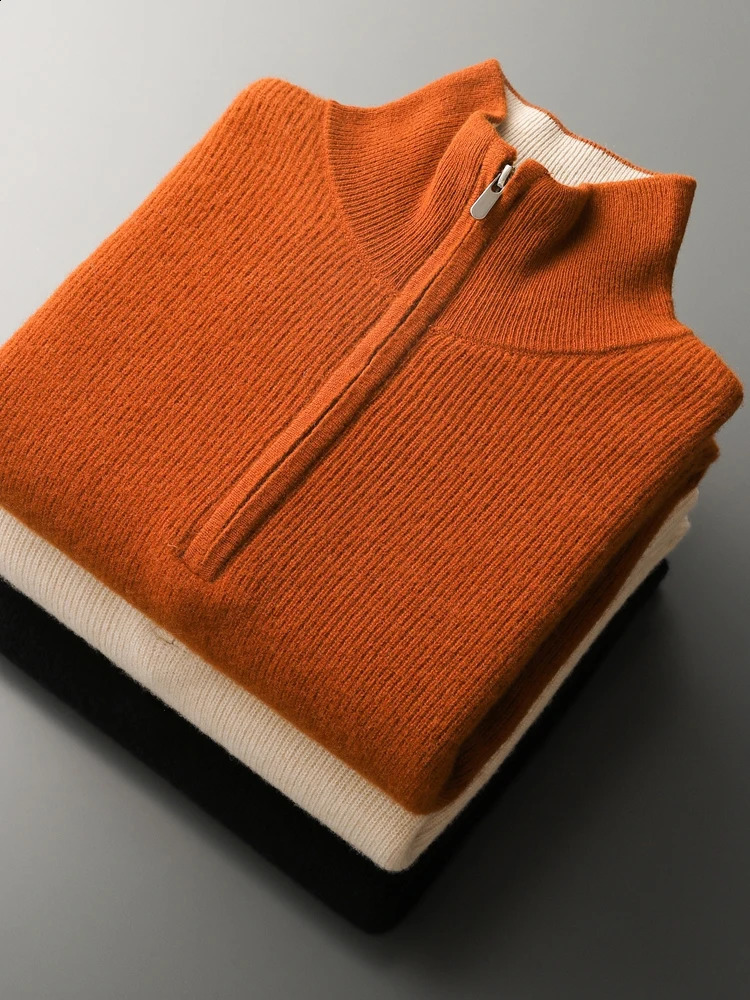 Men Zipper Mock Neck Cashmere Pullover Autumn Winter 100% Merino Wool Sweater Color Contrast Knitwear Smart Casual Jumpers 241230