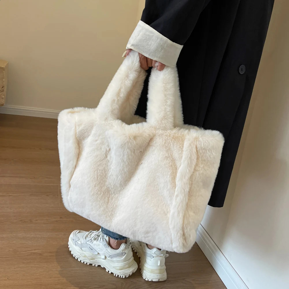 Winter Faux Fur The Tote Bag for Women Plush Shoulder Bag Soft Furry Tote Handbag Large Capacity Fluffy Wool Female Shopper Bags 241231
