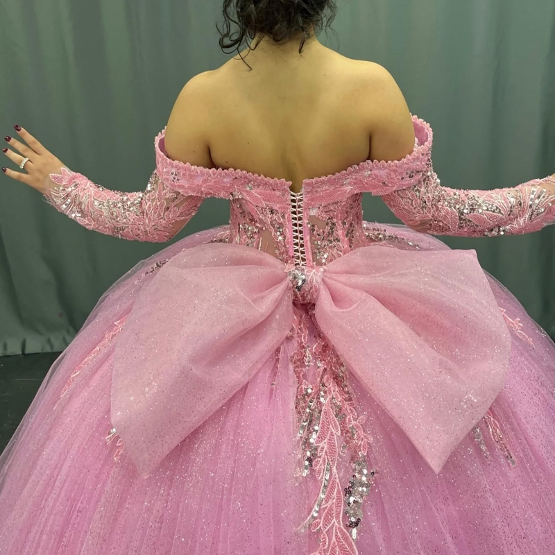 Quinceanera Pink Dresses Ball Gown Off The Shoulder Applique Lace Beading Bow Tull Long Sleeves Party Birthday Sweet Vestido De Anos I