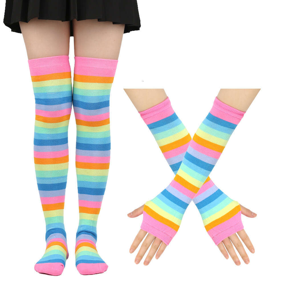 Over Knee Women's Party Rainbow Stockings Gloves Colorful Striped Socks