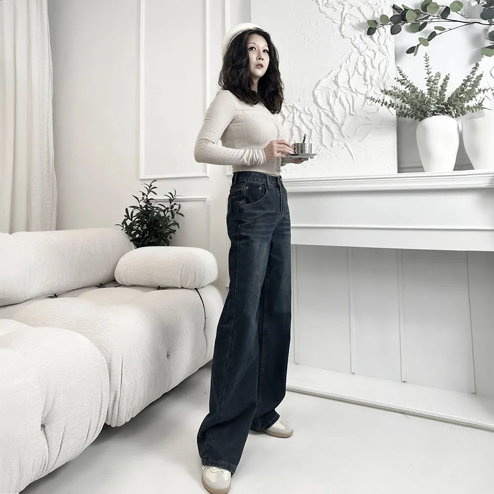 Retro Wide Legged Denim Pants For Female Autumn Winter Fleece lined Thicken Slim Fit Loose High Waist Straight Jeans Women y241227