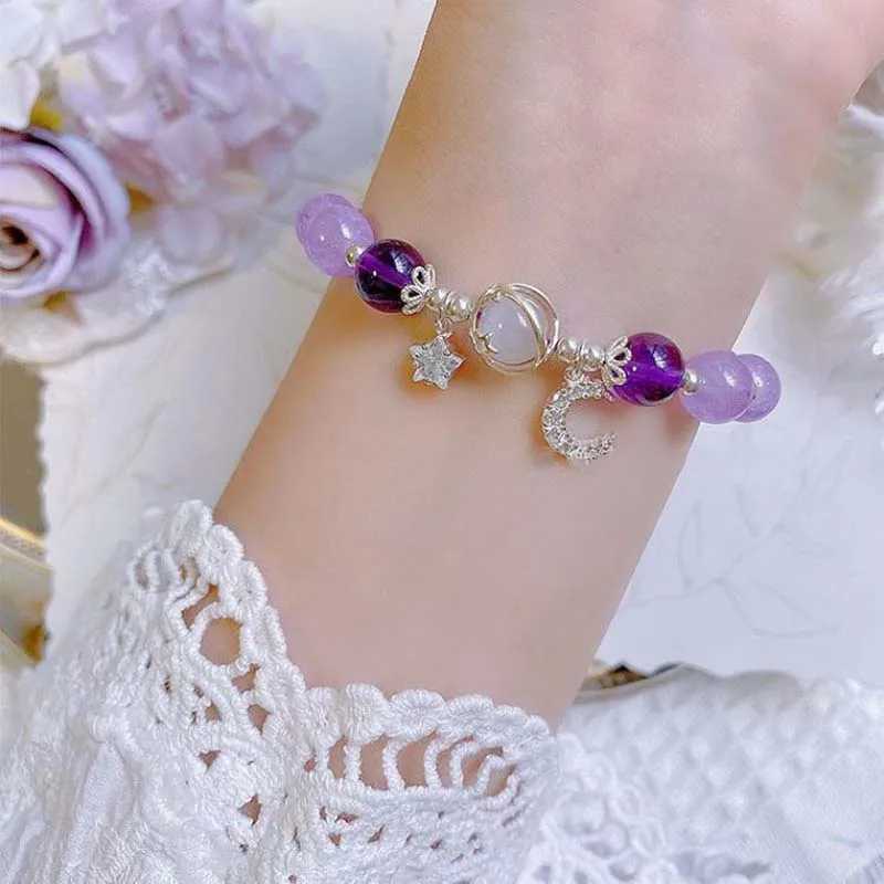 Fashionable crystal protein stone bead bracelet suitable for girls sweet star moon chain pendant charm bracelet wristband jewelry party gift W241231