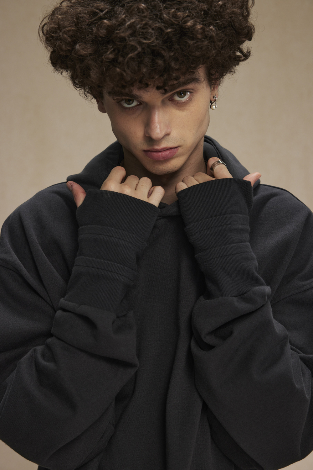 Overlapping Three Threaded Cuffs With Exposed Finger Holes Frayed Hem Damaged Hooded Mouse Bag Hoodie