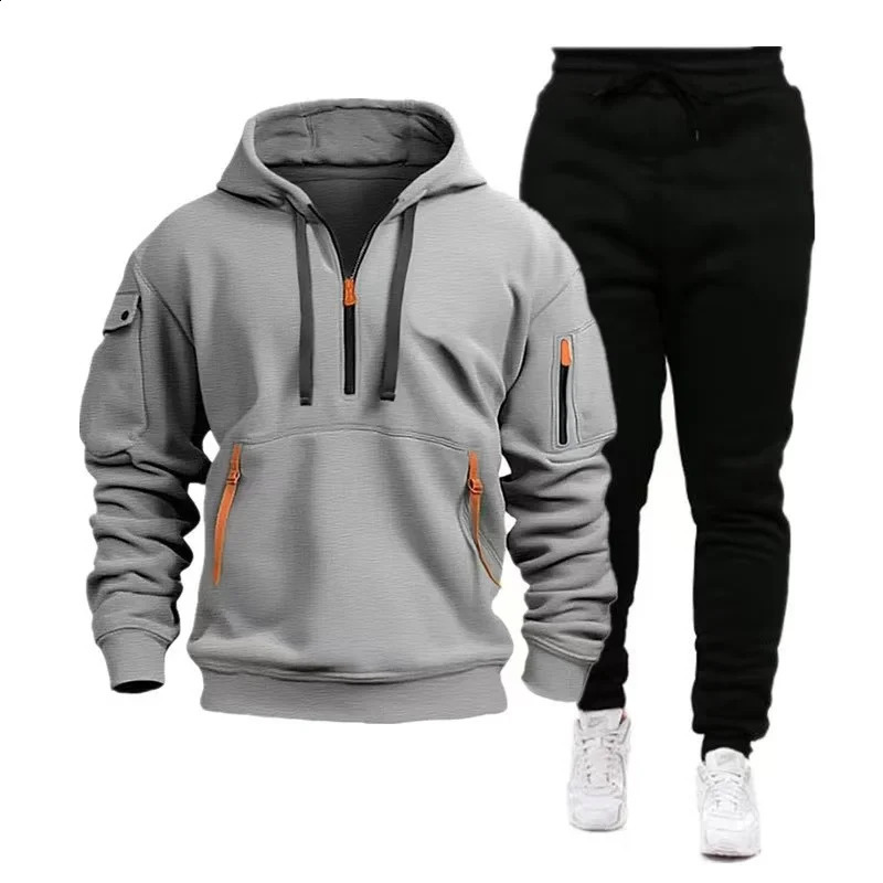 2024 Mens Fashion Casual Zipper Tracksuits Outdoor Fitness Jogging Hooded Sets Sports Hoodie Pants Suit Clothing 241224