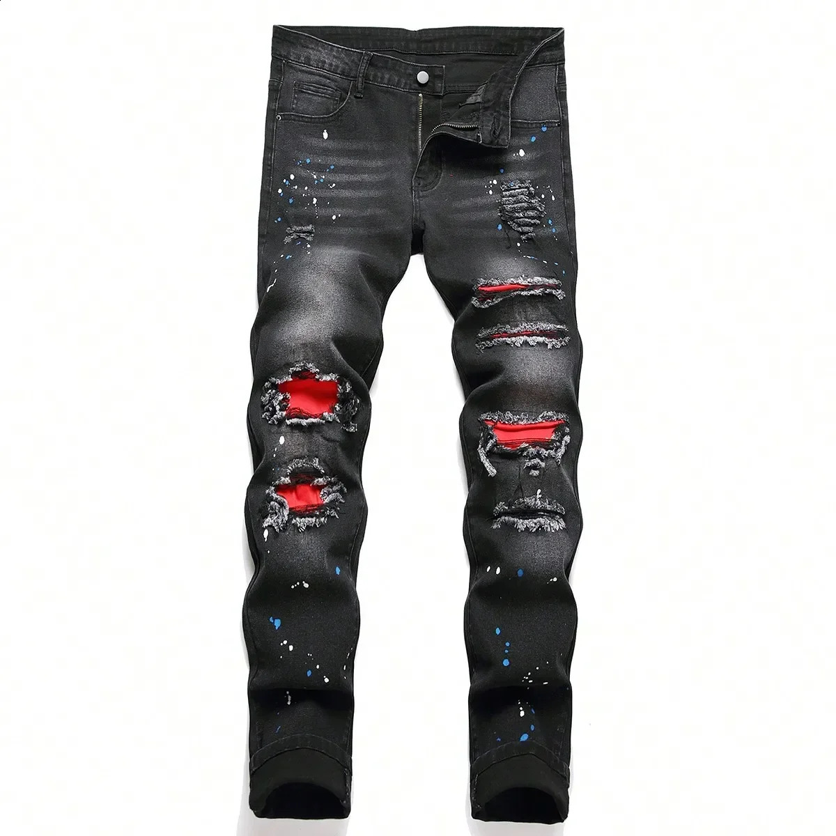 Men y2k Stretchy Skinny Denim Jeans For Men Casual pants Ripped Patchwork Hole Slim Fit Denim Hip Hop Black Straight Trousers 241230