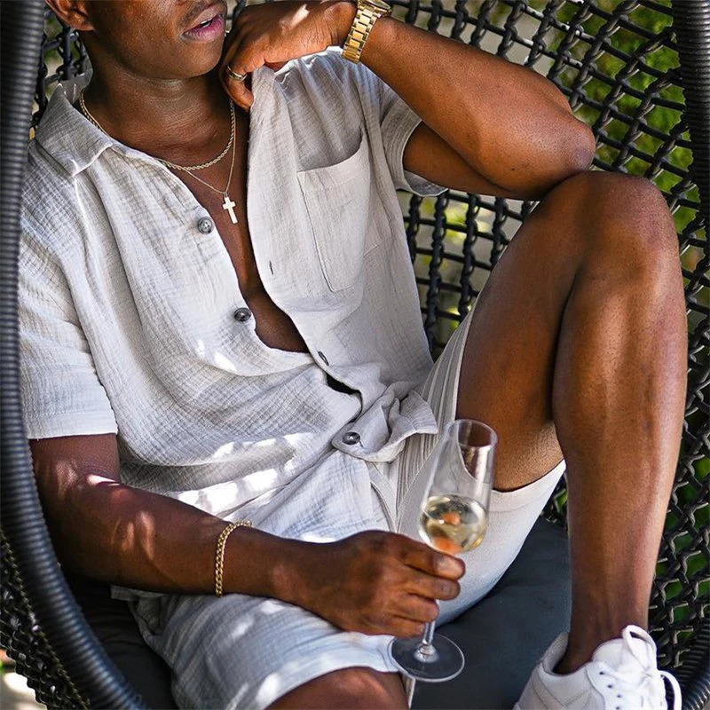 Beach Men Summer Fashion Solid Linen Tracksuit Clothing Casual Mens Sets Short Sleeve Lapel Button Shirts Shorts Suit 241223