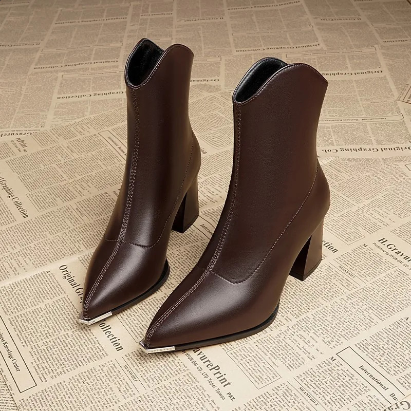 Winter Sexy Women Leather Boots Pointed Toe Chelsea Ankle Boots Trendy High Heels Zipper Goth Pumps Shoes 241231