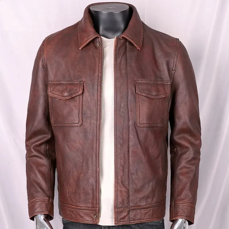 Autumn Winter Classic Motorcycle Jackets Men Turn-down Collar Leather Jacket Mens Natural Cowhide Thick Moto Jacket 241230