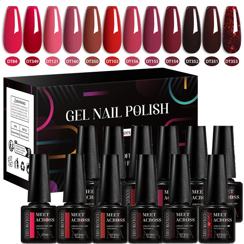 MEET ACROSS 12Pcs/Set Coffee Color Gel Nail Polish Set Grey Brown Nail Art Soak Off UV LED Gel Polish Kit for Nails Manicure DIY 241230