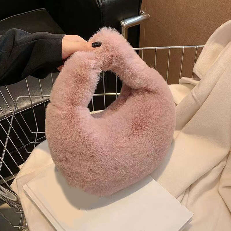 2025 Solid Color Plush Dumpg Simple Style Niche Design Faux Fur Handbag Tote Small Women's Underarm Hobo Bag