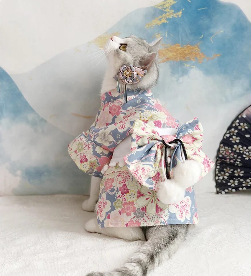 Japanese Style Thin Cat Dog Coat Kimono Summer Pet Clothes for Cats Dogs Cute Print with Bow-knot Kitten Sphynx Clothing Outfit 241231