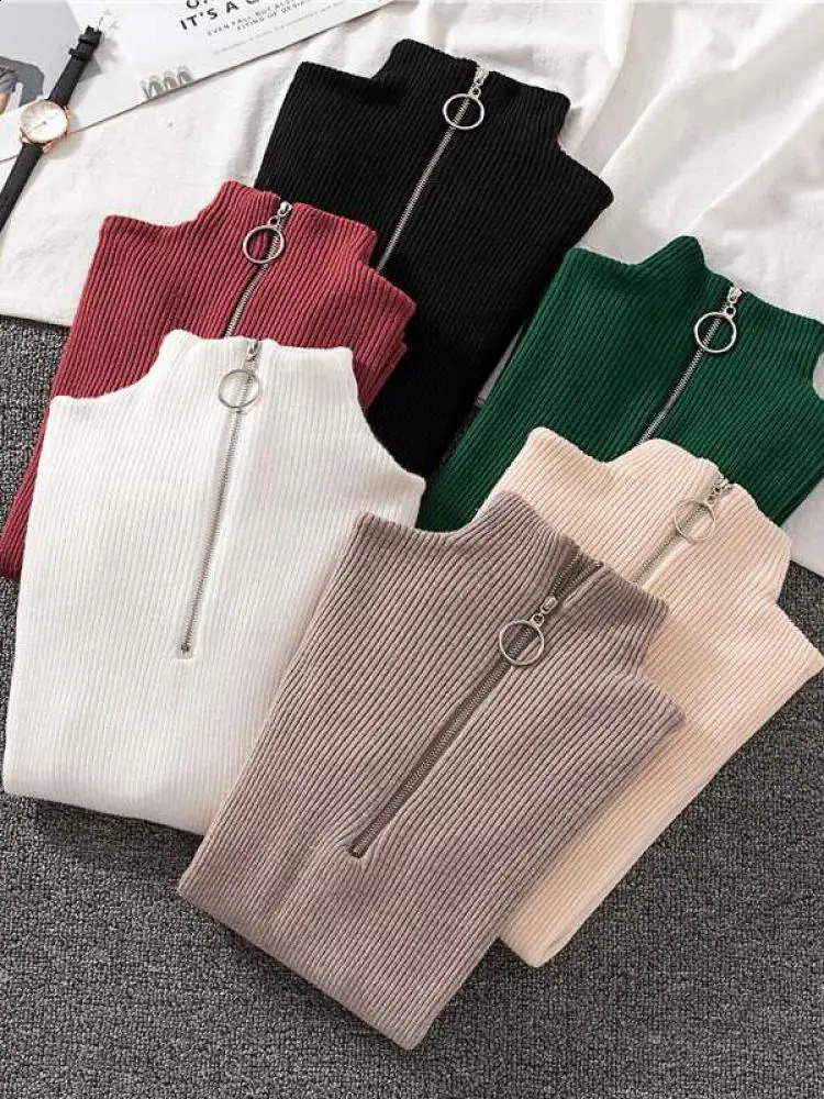 Women Fashion Solid Knitted Sweaters Vintage Long Sleeve Zipup Basic Half Turtleneck Sweater Female Pullovers Chic Casual Tops 241230