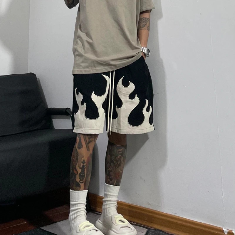 American retro flame shorts mens summer trend city boys high school shorts unisex patch work niche casual Capris 241230