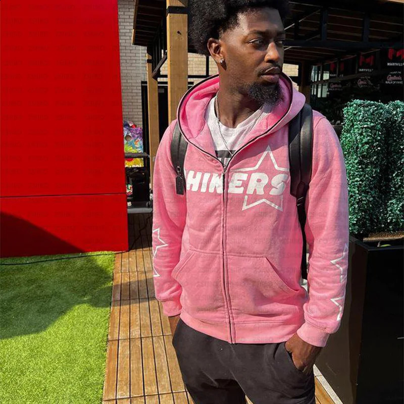 Star Letter Print Hoodie Men Retro Zip Up Long Sleeve Loose Jacket Coats Harajuku Casual Gothic Hooded Sweatshirt Y2K Streetwear 241230