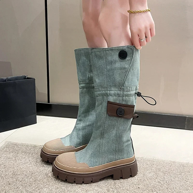 Women Blue Denim Thigh High Boots Thick Heels Simple Thick High Heels Autumn Winter Fashion Platform Knee High Knight Boots 241231