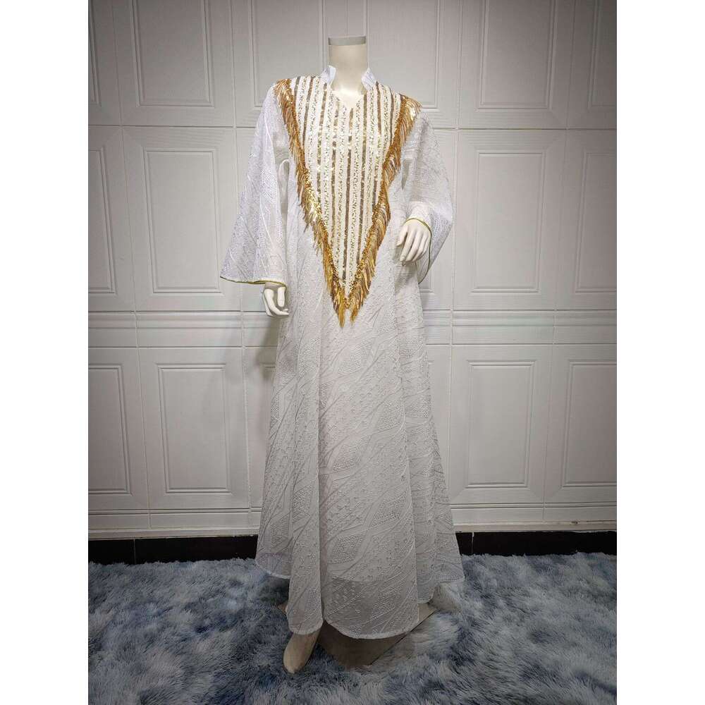 Muslim Evening Arab Dubai Dress Mesh Embroidered Sequined Robe Women's Wear