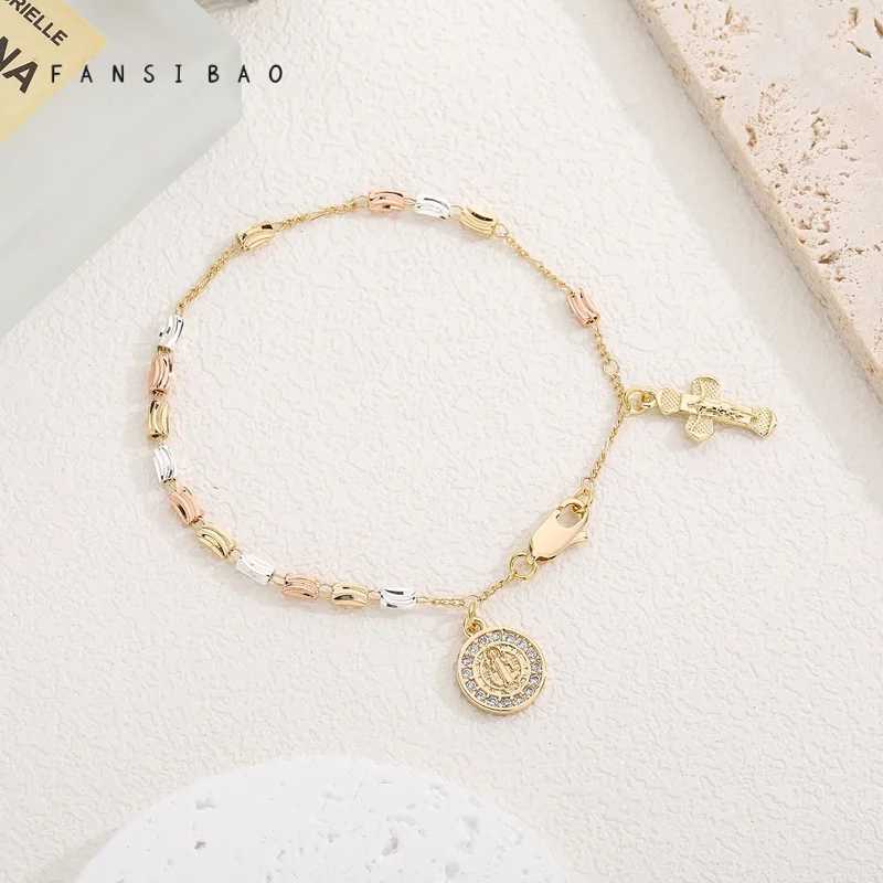 FanSibao Retro Style Virgin Mary Tricolor Prayer Bead Bracelet with Cross Elements Womens Fashion Wrist Jewelry W241231