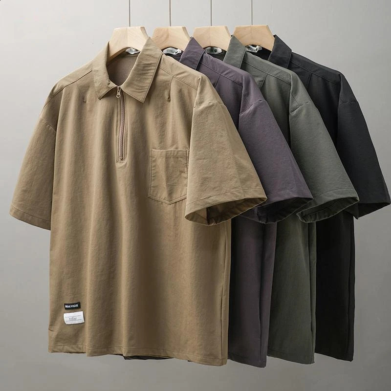 American Work Polo Shirt Mens Preppy Short Sleeved Blouse Summer Oversized Retro Loose Zippered Lapel Shirt T-shirt Top Garment 241230