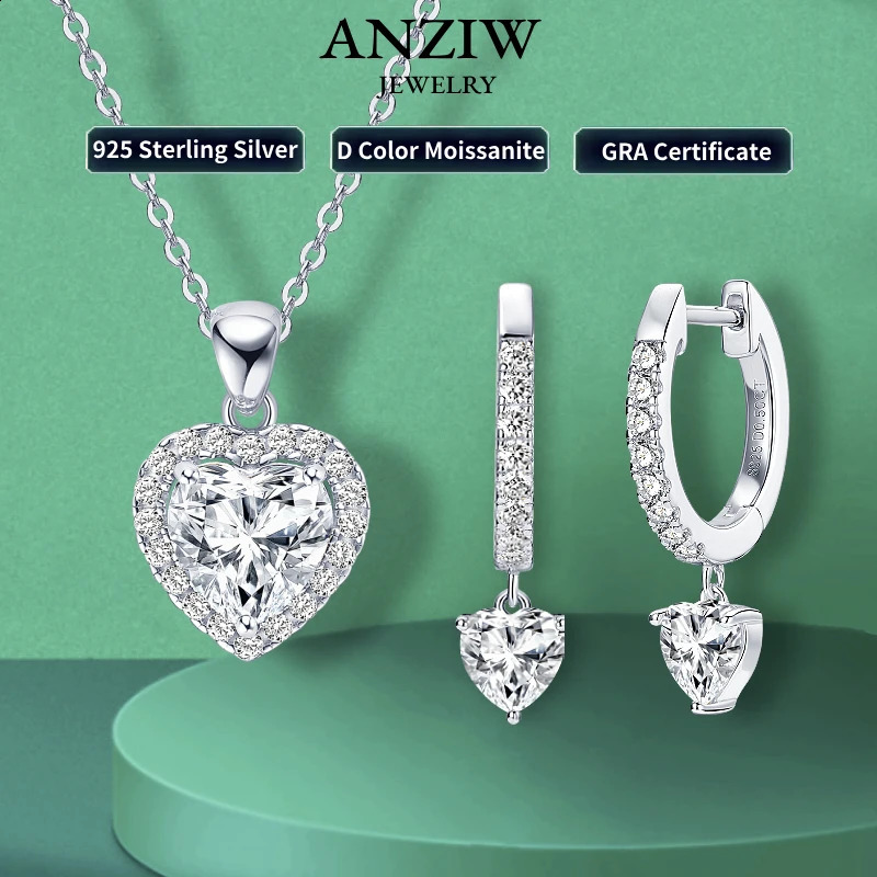 Real 925 Silver Jewelry Set 2ct Heart cut Pendant Necklace 0.5ct Drop Hoop Earrings Sets Gift for Women 241226