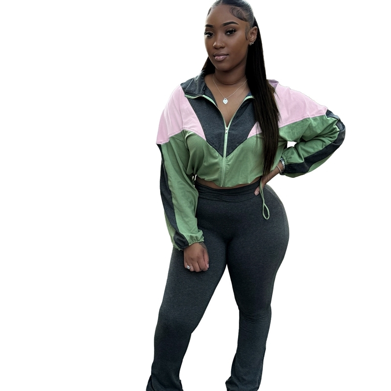 Women Tracksuits Two Pieces Set 2025 New Sports And Casual With Color Blocking Exposed Navel High Waist And Micro Horn 6 Colours