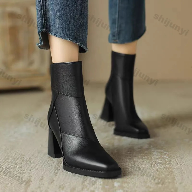 Woman Chunky Ankle Boots Women Zipper Retro Brown Soft Leather Short Boot Autumn Square Toe Casual High Heel Booties Mujer 241231