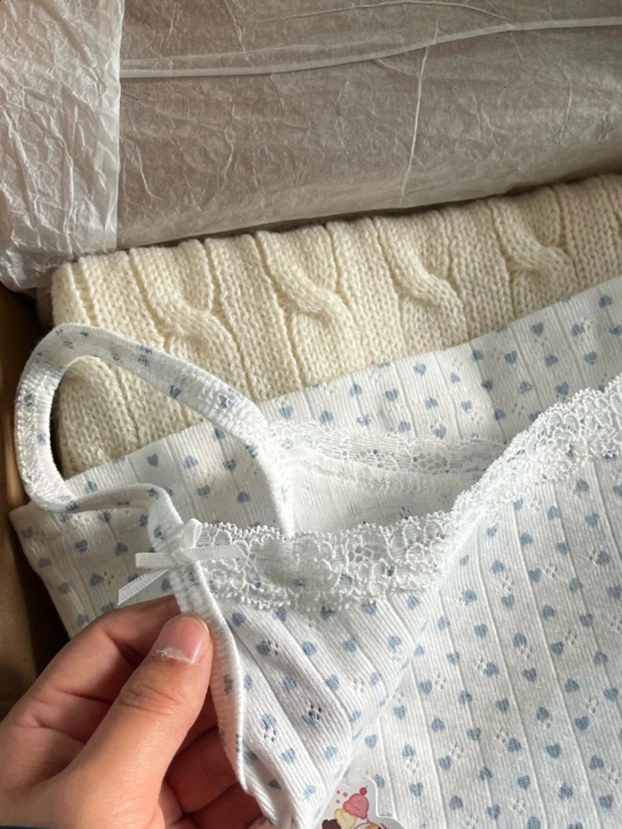 Blue Heart Eyelet Vest Pants Sets Summer Bow Slim CamisHigh Waist Straight Trousers Women Cotton Sweet Home Pajama 2 Piece Sets 241230