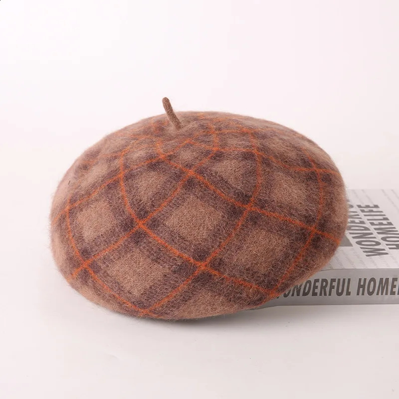 Beret Hat Women Winter Autumn Angora Wool Knit Beanie Plaid Warm Skiing Accessory For Sports Outdoors Holiday 241226