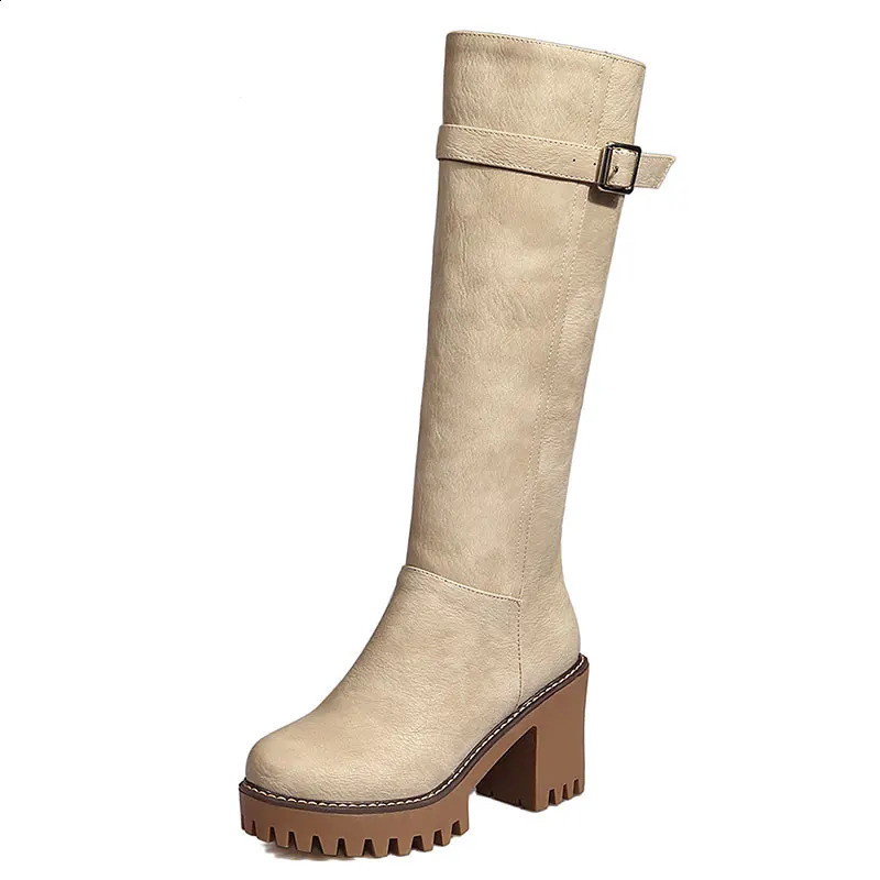 Sgesvier Retro women boots lace up buckle lace up knee high boots round toe platform winter boots ladies shoes size 43 241231