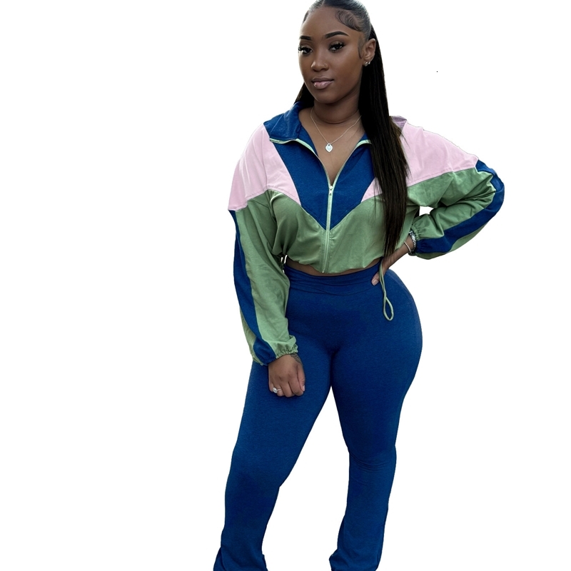 Women Tracksuits Two Pieces Set 2025 New Sports And Casual With Color Blocking Exposed Navel High Waist And Micro Horn 6 Colours