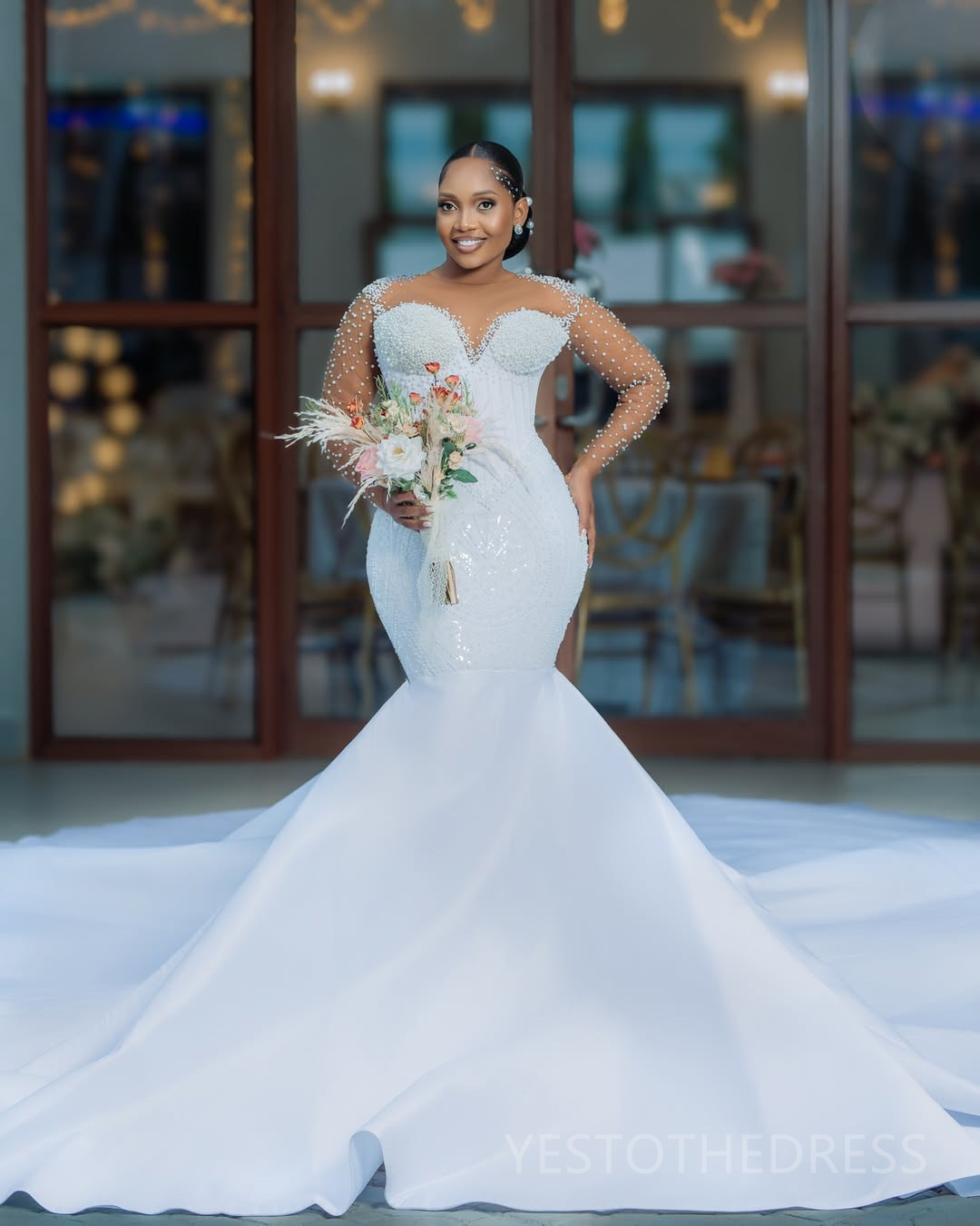2025 Two Ways Wedding Dresses Bridal Gowns For Bride Mermaid Marriage Dress Sheer Neck Long Sleeves Beaded Lace Detachable Train For Black Women D463