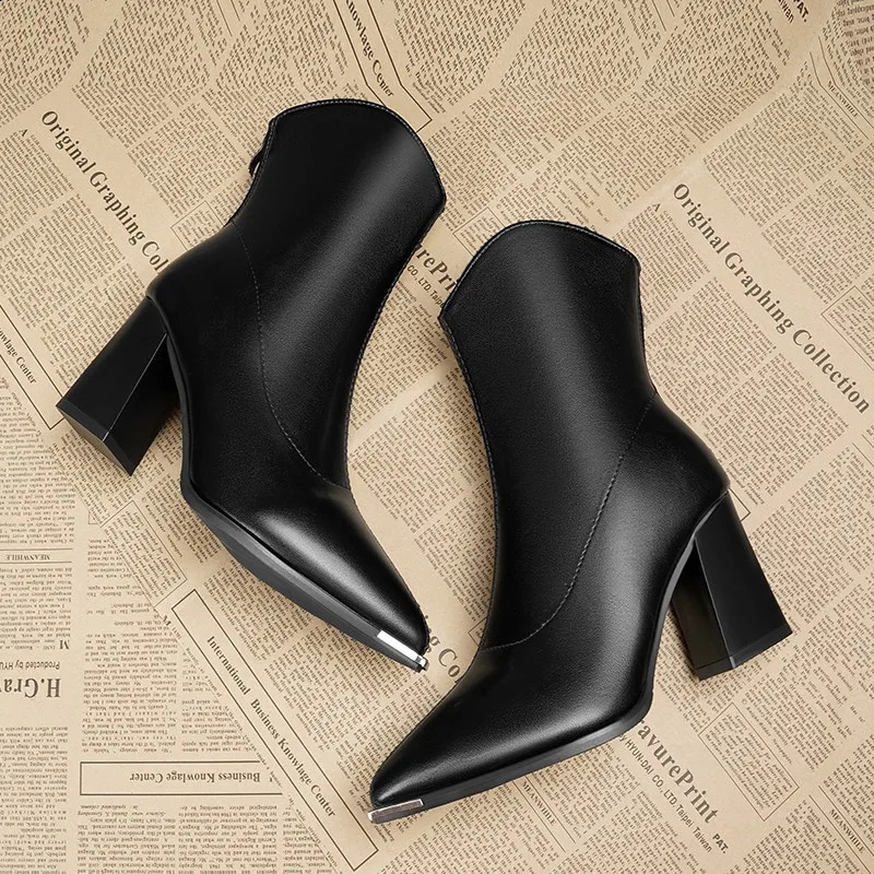 Winter Sexy Women Leather Boots Pointed Toe Chelsea Ankle Boots Trendy High Heels Zipper Goth Pumps Shoes 241231