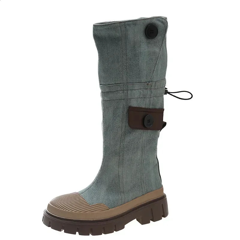 Women Blue Denim Thigh High Boots Thick Heels Simple Thick High Heels Autumn Winter Fashion Platform Knee High Knight Boots 241231