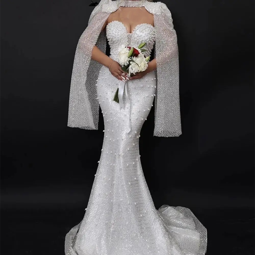 Designer Mermaid Wedding Dresses For Women Sweetheart Neck Cap Sleeves Gown Appliques Pearls Sweep Train Customized Dress