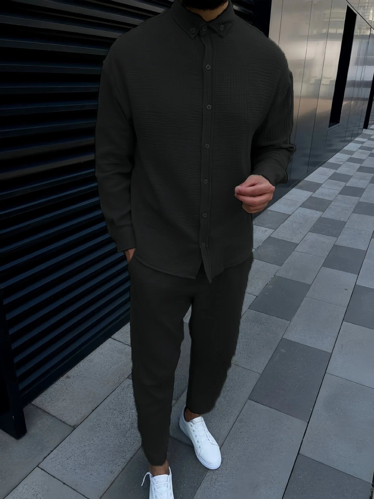 Spring and autumn mens cotton linen lapel comfortable casual shirt set fashion long sleeve cargo pants solid color twopiec 241223