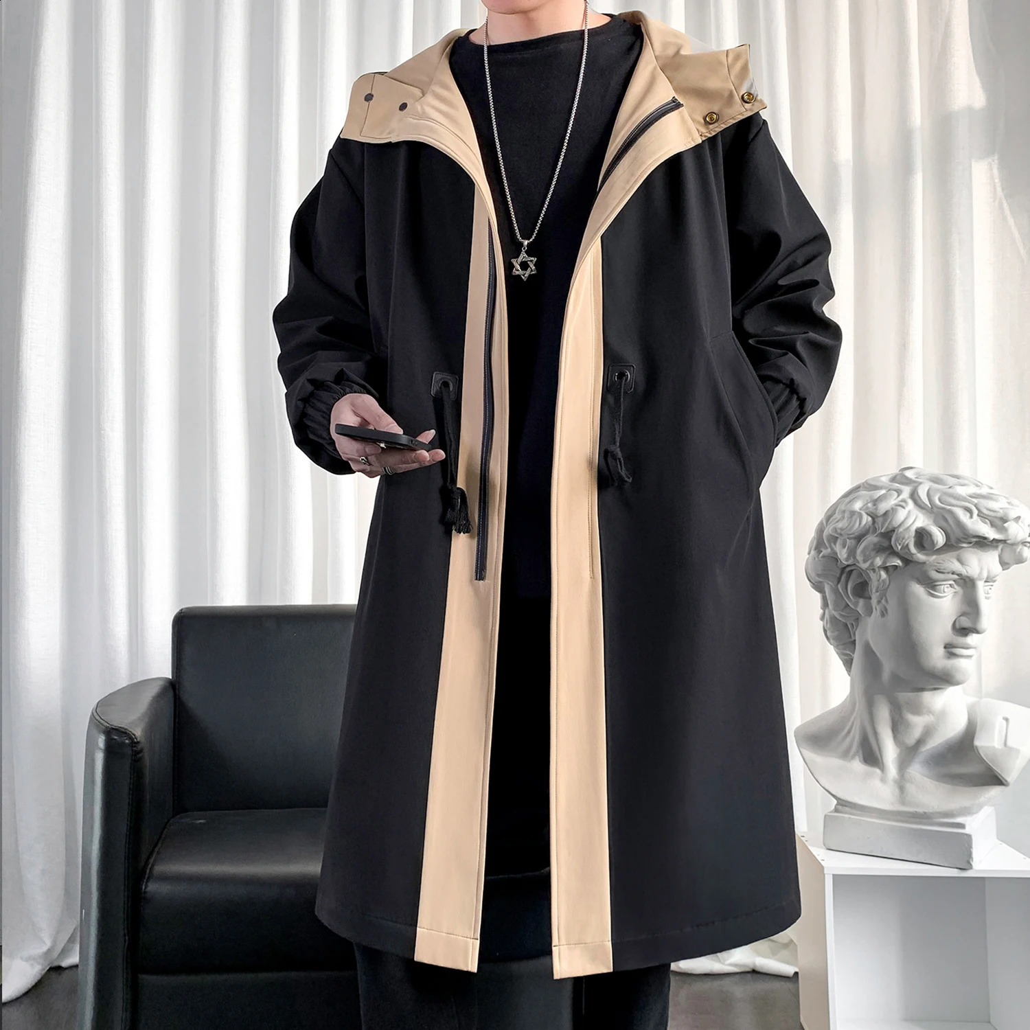 Mens Long Windbreaker Hooded Trench Coat Contrasting Loose Oversized Jacket Patchwork Casual Top Zipper Waistband Male Clothing 241228