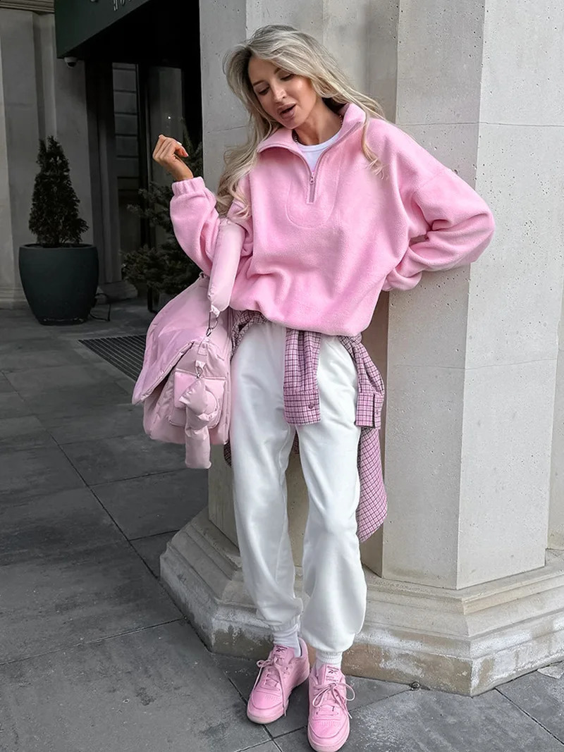 DGLUKE Zipped Pink Sweatshirt Woman Fashion Pullover Oversized Hoodie Y2K Street Style Women Fleece Winter Coats Jackets 241224