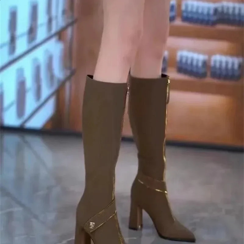 Black Boots Female Winter Belt Buckle Thin Pointed Thick Heel Boots Botas De Mujer Thigh High White Boots 241231