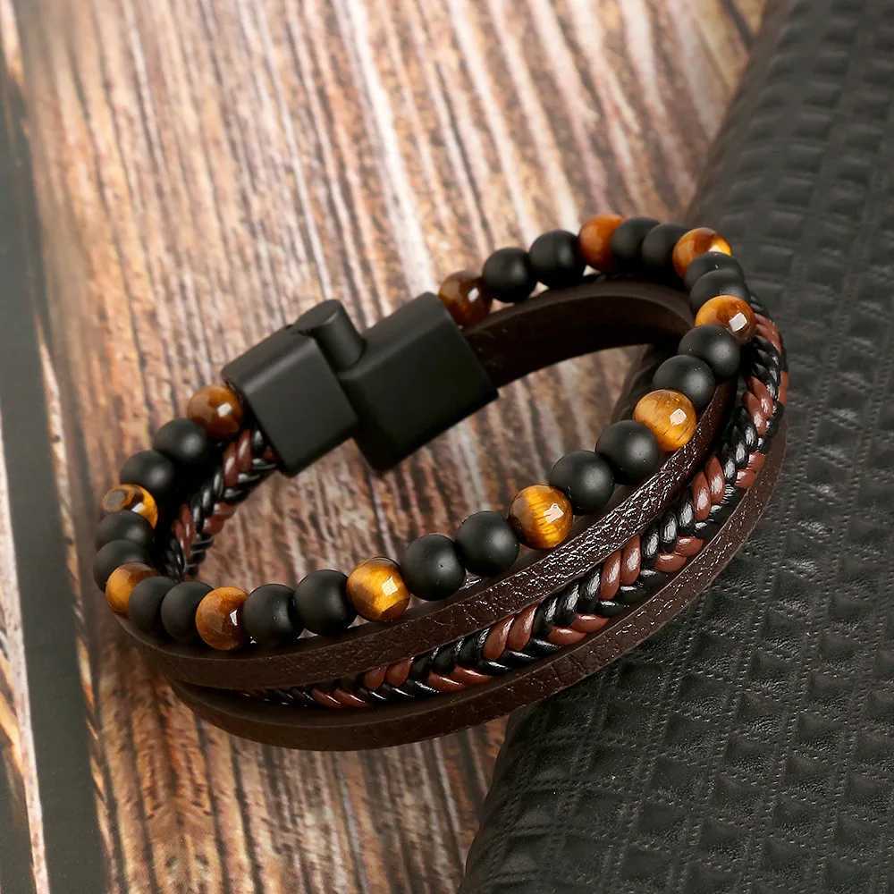 High quality leather bracelets for men classic and fashionable tiger eye beads multi-layer leather bracelets for men charming jewelry gifts W241231