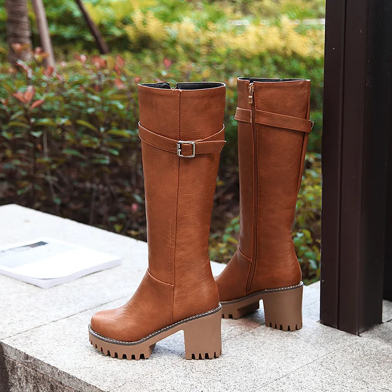 Sgesvier Retro women boots lace up buckle lace up knee high boots round toe platform winter boots ladies shoes size 43 241231