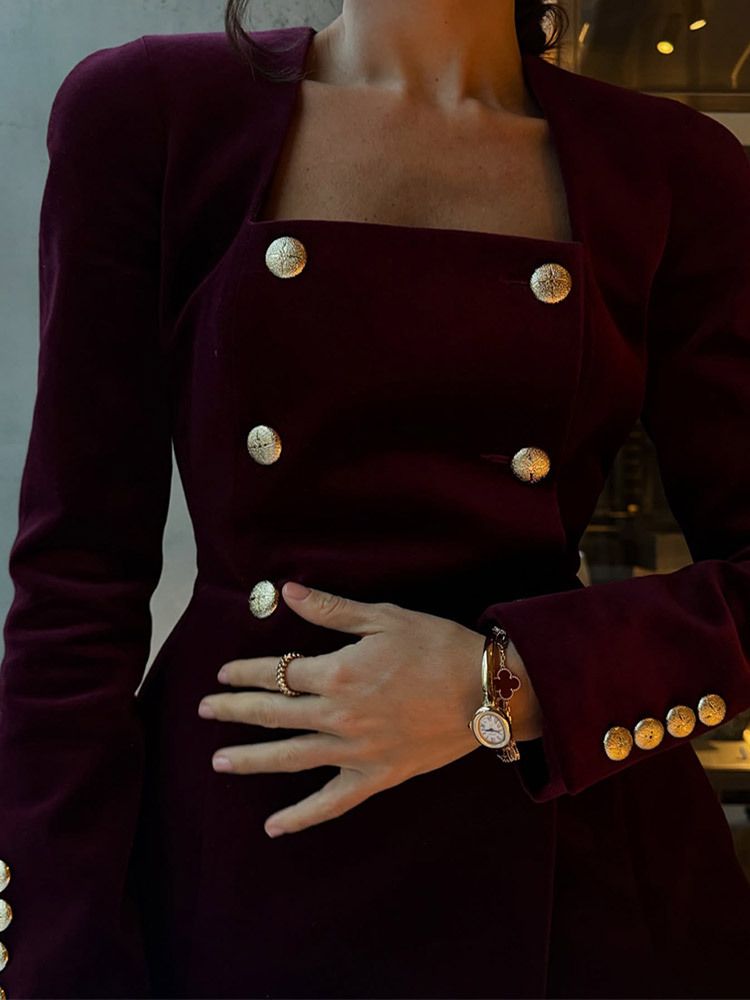 Women Bury Veet Mini Skirt Set Fashion Square Neck Long Sleeves Buttons Tops Skirts 2Pcs Suit 2025 New Lady Party Gown