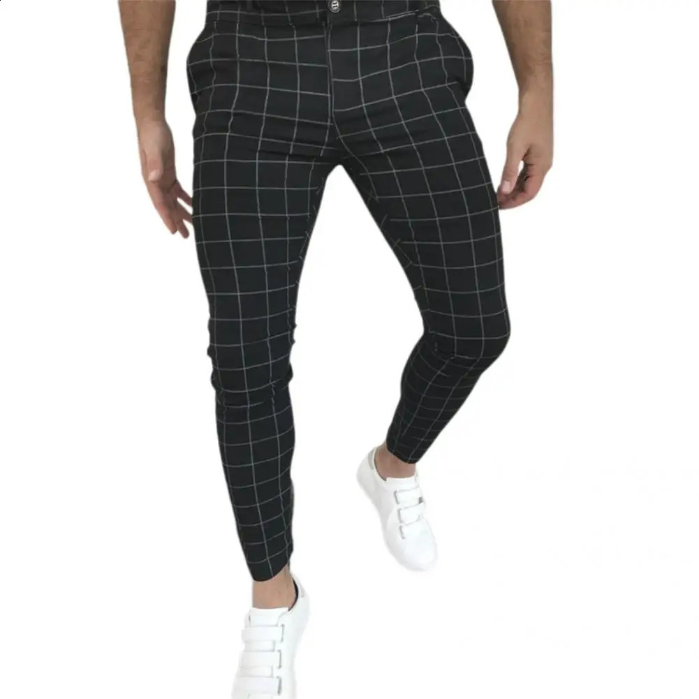 Casual Men Trousers Temperament Pencil Pants Mid Waist Handsome Checkered Pattern Slim 241230Z