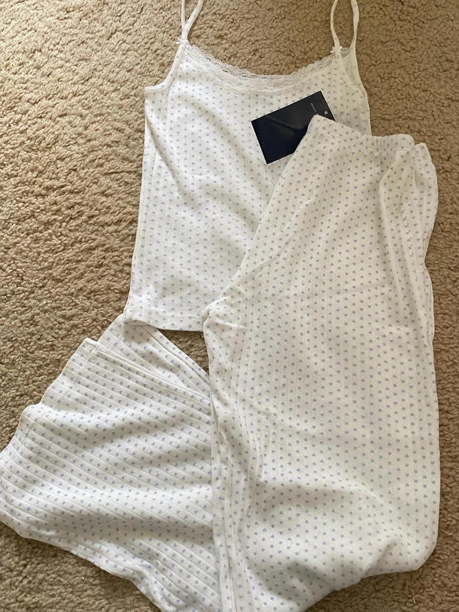 Blue Heart Eyelet Vest Pants Sets Summer Bow Slim CamisHigh Waist Straight Trousers Women Cotton Sweet Home Pajama 2 Piece Sets 241230