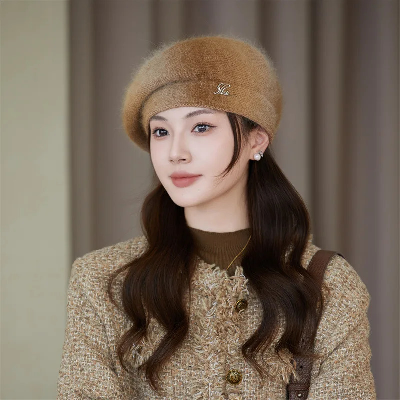 Rabbit hair knitted Thick Berets Autumn Winter Warm Hat Artist Beret Women Painter Hat Girls Female Walking Cap Vintage Casual 241226